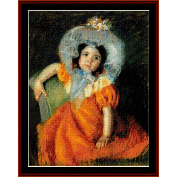 Counted Cross Stitch Pattern by Cross Stitch Collectiblesof a child in an orange dress with a white lace hat