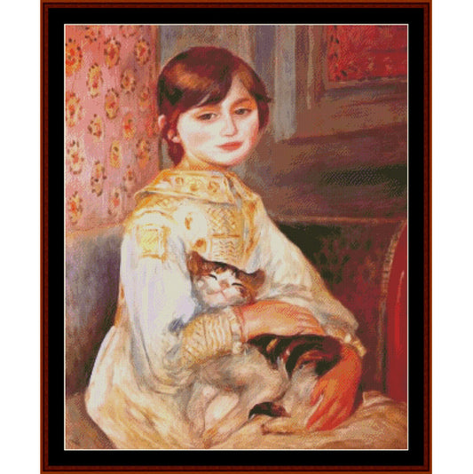 Counted Cross Stitch Pattern by Cross Stitch Collectibles of a young girl holding a cat in a room with floral curtains.