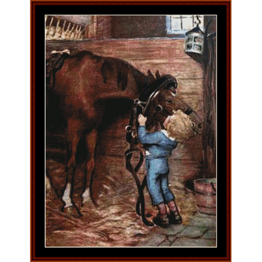 Counted Cross Stitch Pattern by Cross Stitch Collectibles of a boy with a horse in a stable