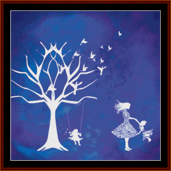 Counted Cross Stitch Pattern by Cross Stitch Collectibles featuring silhouettes of children playing with a kite near a tree, with a blue background.