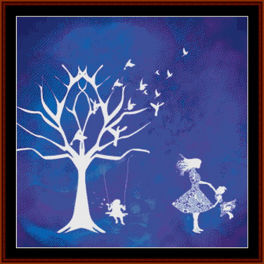 Counted Cross Stitch Pattern by Cross Stitch Collectibles featuring silhouettes of children playing with a kite near a tree, with a blue background.