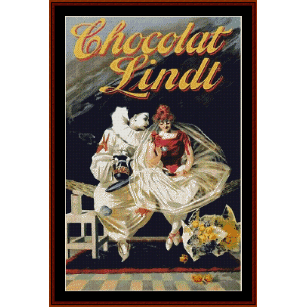 Counted Cross Stitch Pattern by Cross Stitch Collectibles for Chocolat Lindt with an illustration of a clown and a woman in a red dress on a chocolate-colored background