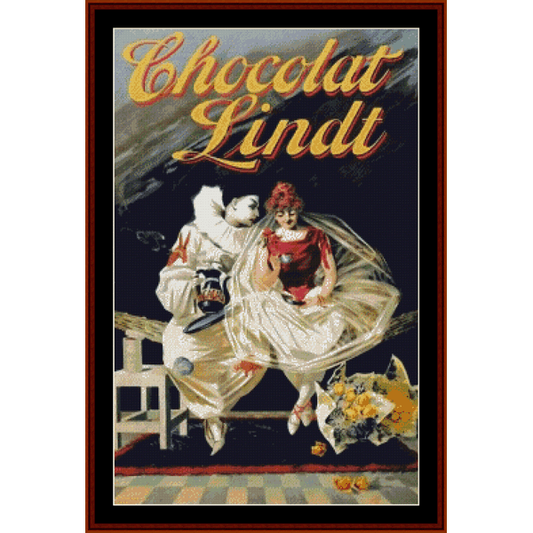 Counted Cross Stitch Pattern by Cross Stitch Collectibles for Chocolat Lindt with an illustration of a clown and a woman in a red dress on a chocolate-colored background
