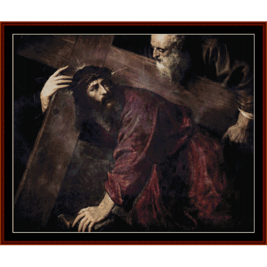 Counted Cross Stitch Pattern by Cross Stitch Collectibles depicting a scene of a man carrying a cross, with another figure looking at it.