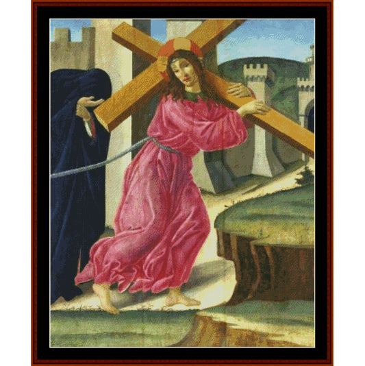Counted Cross Stitch Pattern – Christ Carrying the Cross by Sandro Botticelli - Cross Stitch Collectibles - A framed religious artwork showing Christ in a pink robe carrying a wooden cross while another robed figure stands beside them, with a castle and landscape in the background.