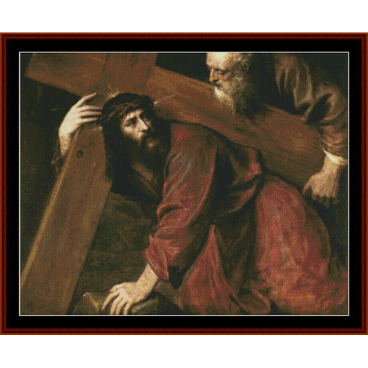 Counted Cross Stitch Pattern – Christ Carrying the Cross by Titian - Cross Stitch Collectibles - A framed religious painting depicting Jesus carrying a wooden cross while another bearded figure supports him