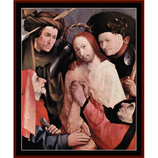 Counted Cross Stitch Pattern by Cross Stitch Collectibles depicting a historical painting scene with multiple characters, predominantly in red and white colors.