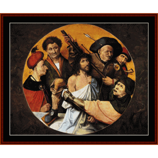 Counted Cross Stitch Pattern by Cross Stitch Collectibles depicting a scene with multiple characters, likely related to a religious or historical theme, based on Hieronymus Bosch's artwork.