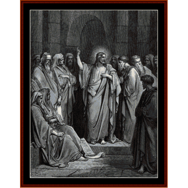 Counted Cross Stitch Pattern by Cross Stitch Collectibles depicting a scene of people in a synagogue with Christ at the center, raising his hand.