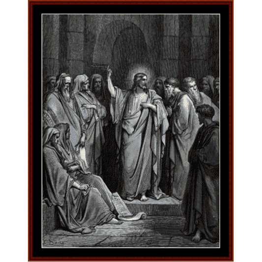 Counted Cross Stitch Pattern by Cross Stitch Collectibles depicting a scene of people in a synagogue with Christ at the center, raising his hand.