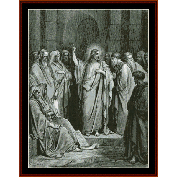 Counted Cross Stitch Pattern – Christ in the Synagogue by Gustave Dore - Cross Stitch Collectibles - A framed monochrome artwork showing a historical scene with robed figures gathered in an arched interior. 