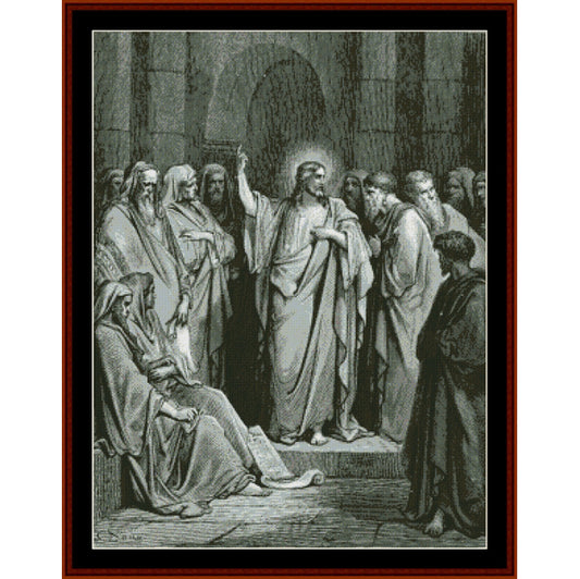 Counted Cross Stitch Pattern – Christ in the Synagogue by Gustave Dore - Cross Stitch Collectibles - A framed monochrome artwork showing a historical scene with robed figures gathered in an arched interior. 