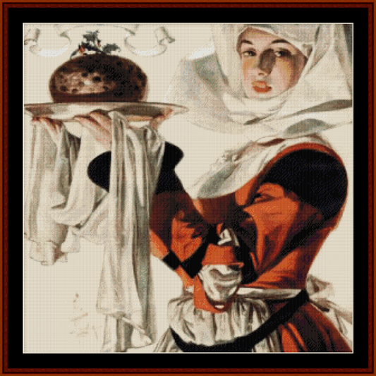 Counted Cross Stitch Pattern by Cross Stitch Collectibles depicting a woman in a red dress serving a Christmas dinner, with a decorated cake on a plate.