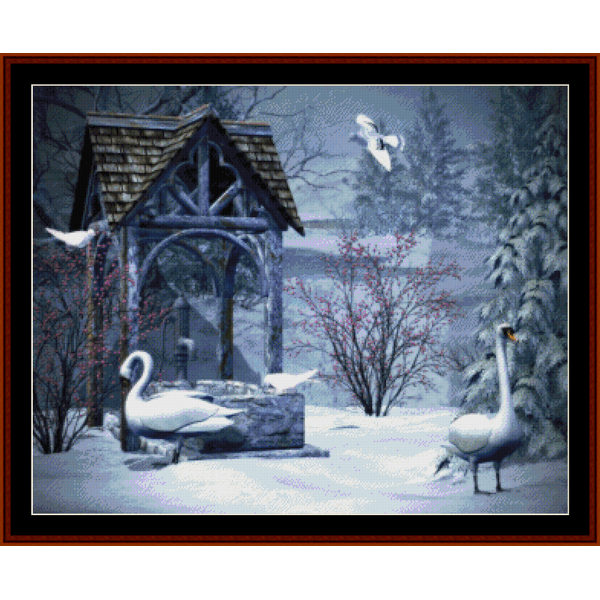 Counted Cross Stitch Pattern by Cross Stitch Collectibles featuring a winter scene with geese, a gazebo, and trees in the background.