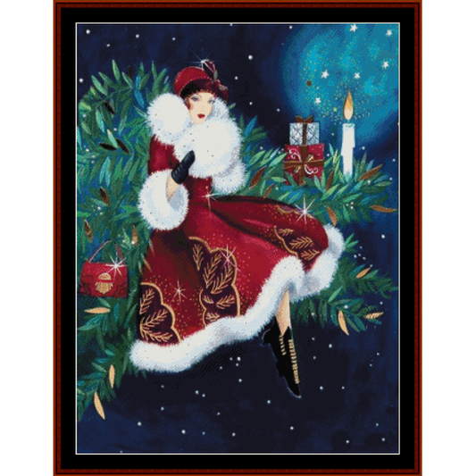 Counted Cross Stitch Pattern by Cross Stitch Collectibles featuring a woman in a Christmas-themed red dress with a white fur collar, sitting under a starry night sky, surrounded by holiday gifts.