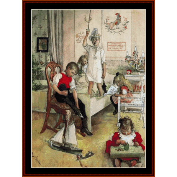 Counted Cross Stitch Pattern by Cross Stitch Collectibles depicting a festive Christmas scene with children in the foreground playing with a toy ship, surrounded by holiday-themed decorations.