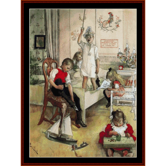 Counted Cross Stitch Pattern by Cross Stitch Collectibles depicting a festive Christmas scene with children in the foreground playing with a toy ship, surrounded by holiday-themed decorations.