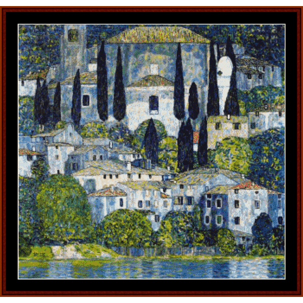 Counted Cross Stitch Pattern by Cross Stitch Collectibles depicting a village scene with buildings and trees
