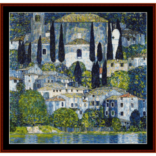 Counted Cross Stitch Pattern by Cross Stitch Collectibles depicting a village scene with buildings and trees