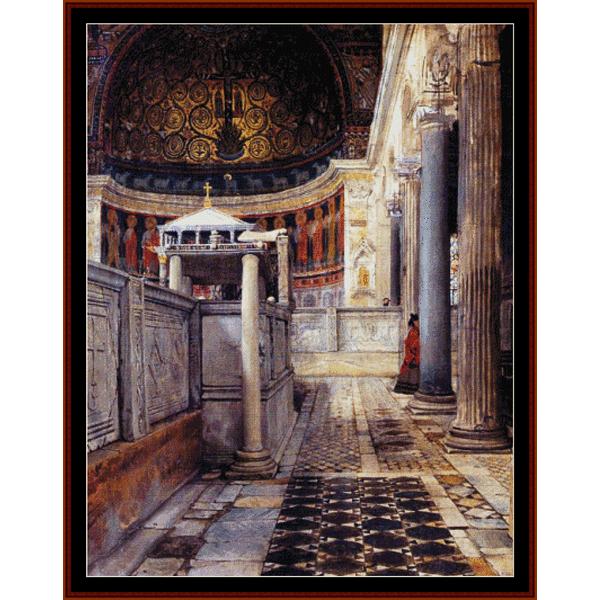 Counted Cross Stitch Pattern by Cross Stitch Collectibles depicting the interior of the Church of San Clemente, Rome, with a large atrium and intricate detailing.