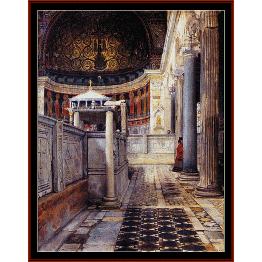 Counted Cross Stitch Pattern by Cross Stitch Collectibles depicting the interior of the Church of San Clemente, Rome, with a large atrium and intricate detailing.