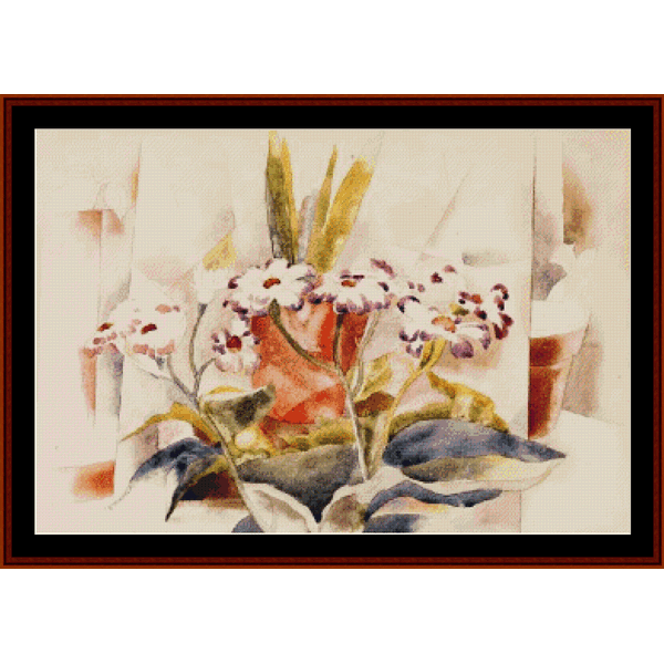 Counted Cross Stitch Pattern by Cross Stitch Collectibles depicting a floral arrangement in a frame, inspired by the artwork 'Cineraria, 1923' by Charles Demuth.
