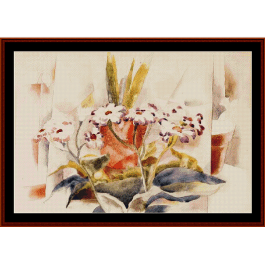 Counted Cross Stitch Pattern by Cross Stitch Collectibles depicting a floral arrangement in a frame, inspired by the artwork 'Cineraria, 1923' by Charles Demuth.