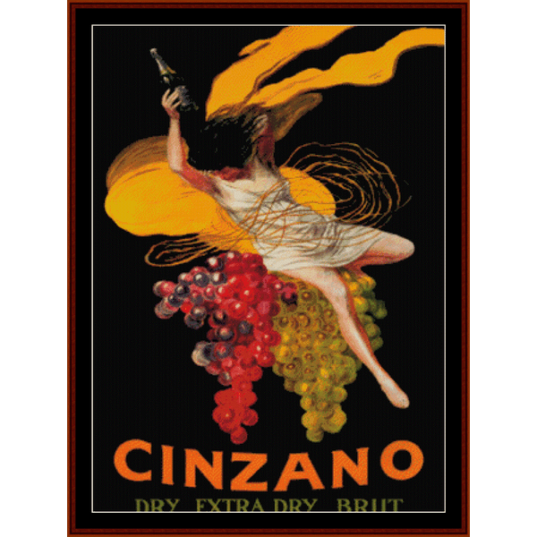 Vintage poster-style Counted Cross Stitch Pattern by Cross Stitch Collectibles for Cinzano dry extra dry brandy, featuring a stylized illustration of a woman with grapes and a bottle of brandy.