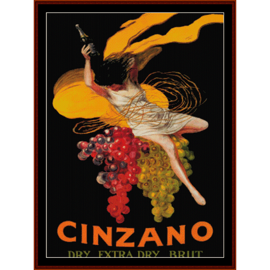 Vintage poster-style Counted Cross Stitch Pattern by Cross Stitch Collectibles for Cinzano dry extra dry brandy, featuring a stylized illustration of a woman with grapes and a bottle of brandy.