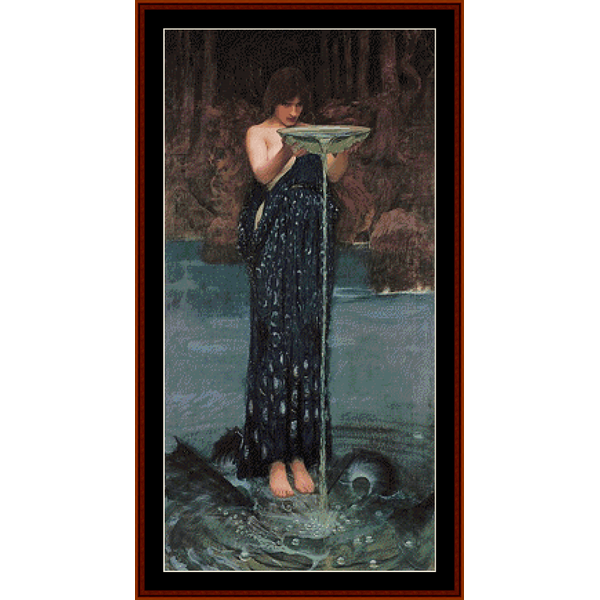 Counted Cross Stitch Pattern by Cross Stitch Collectibles depicting a figure in a classical pose, with a full-color image showing a person standing by water, holding a shell to their ear, suitable for a framed decoration.