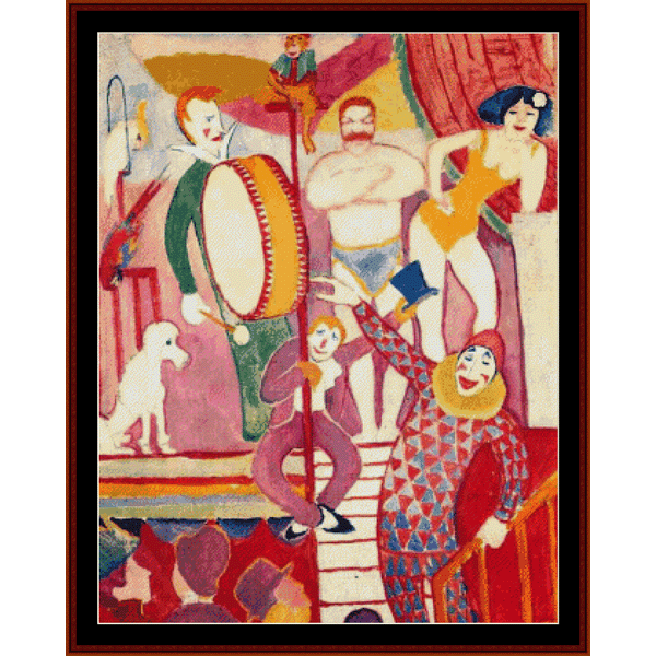 A colorful Counted Cross Stitch Pattern by Cross Stitch Collectibles featuring a circus theme with various stylized characters and a dog