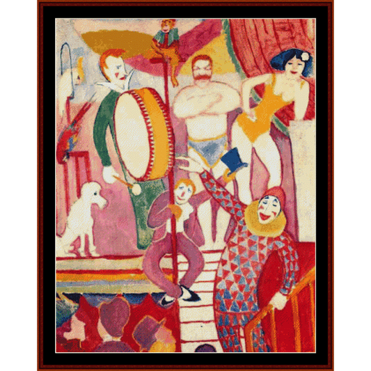 A colorful Counted Cross Stitch Pattern by Cross Stitch Collectibles featuring a circus theme with various stylized characters and a dog