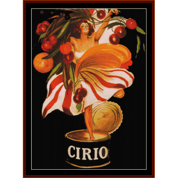 A vintage Counted Cross Stitch Pattern by Cross Stitch Collectibles depicting a stylized woman with an orange skirt and a basket of oranges, the text 'CIRIO' is visible at the bottom.
