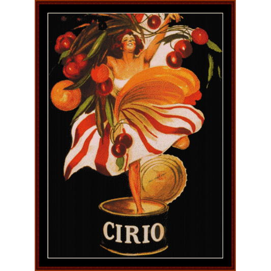 A vintage Counted Cross Stitch Pattern by Cross Stitch Collectibles depicting a stylized woman with an orange skirt and a basket of oranges, the text 'CIRIO' is visible at the bottom.