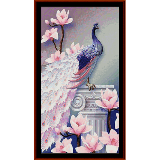 Counted Cross Stitch Pattern by Cross Stitch Collectibles of a peacock with a background of pink flowers and a classical architectural design.