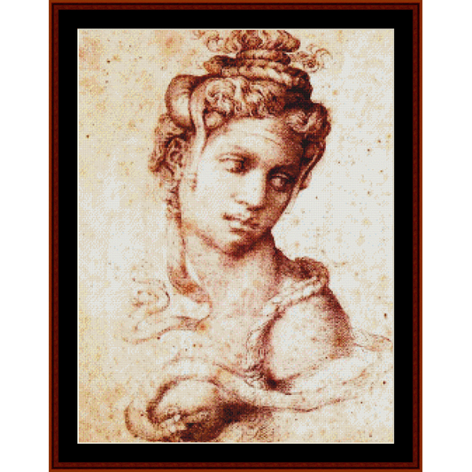 Counted Cross Stitch Pattern by Cross Stitch Collectibles depicting a stylized female figure with flowing hair and a serene expression, set against a warm-toned background.