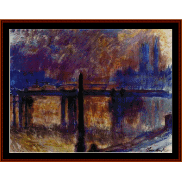 Counted Cross Stitch Pattern by Cross Stitch Collectibles of a famous impressionist painting, featuring a vibrant sunset scene with a bridge and buildings.