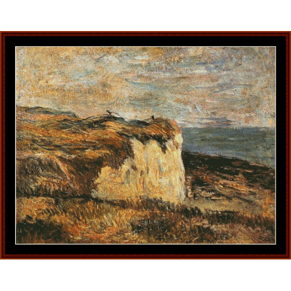 Counted Cross Stitch Pattern – Cliff Near Dieppe, 1885 by Paul Gauguin - Cross Stitch Collectibles - A framed impressionist landscape painting featuring a dramatic coastal cliff with grassy slopes and a sea in the distance