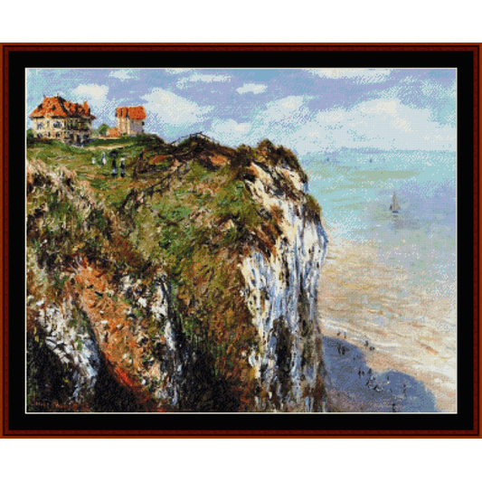 Counted Cross Stitch Pattern by Cross Stitch Collectibles depicting a cliff at Dieppe with a house, trees, and a view of the sea in the background.