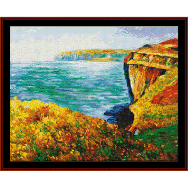 Counted Cross Stitch Pattern by Cross Stitch Collectibles featuring a vibrant landscape with a cliff overlooking a body of water, reminiscent of Monet's famous painting 'Cliff at Varengeville'.