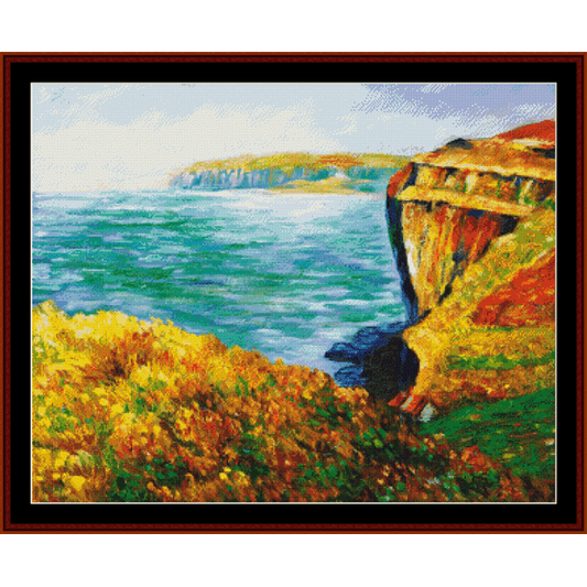 Counted Cross Stitch Pattern by Cross Stitch Collectibles featuring a vibrant landscape with a cliff overlooking a body of water, reminiscent of Monet's famous painting 'Cliff at Varengeville'.