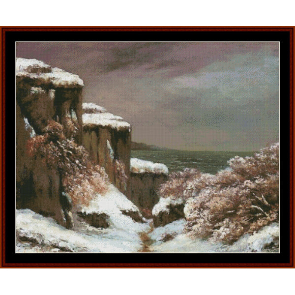 Counted Cross Stitch Pattern – Cliffs By the Sea by Gustave Courbet - Cross Stitch Collectibles - A framed landscape painting depicting a snowy rocky canyon or cliffside scene with muted brown cliffs, white snow, and a pale gray sky. 