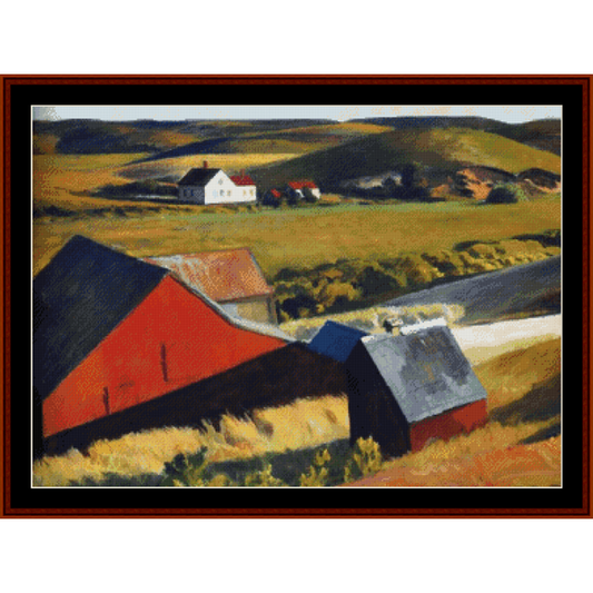 Counted Cross Stitch Pattern by Cross Stitch Collectibles depicting a rural landscape with barns and a house, labeled 'Cobbs Barns - Edward Hopper'.
