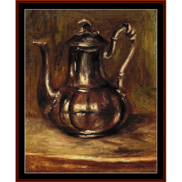 Coffee pot depicted in a stylized Counted Cross Stitch Pattern by Cross Stitch Collectibles, resembling a famous impressionist painting by Renoir