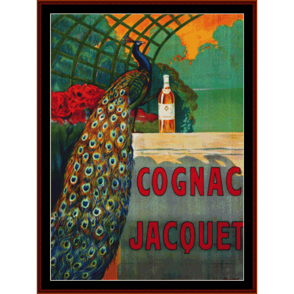 Counted Cross Stitch Pattern by Cross Stitch Collectibles depicting a vintage advertisement for Cognac Jacquet featuring a peacock and a bottle of cognac.