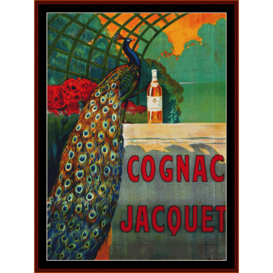 Counted Cross Stitch Pattern by Cross Stitch Collectibles depicting a vintage advertisement for Cognac Jacquet featuring a peacock and a bottle of cognac.