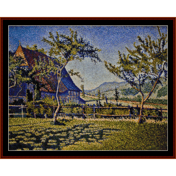 Counted Cross Stitch Pattern by Cross Stitch Collectibles depicting a rural landscape with a castle, trees, and a blue sky.