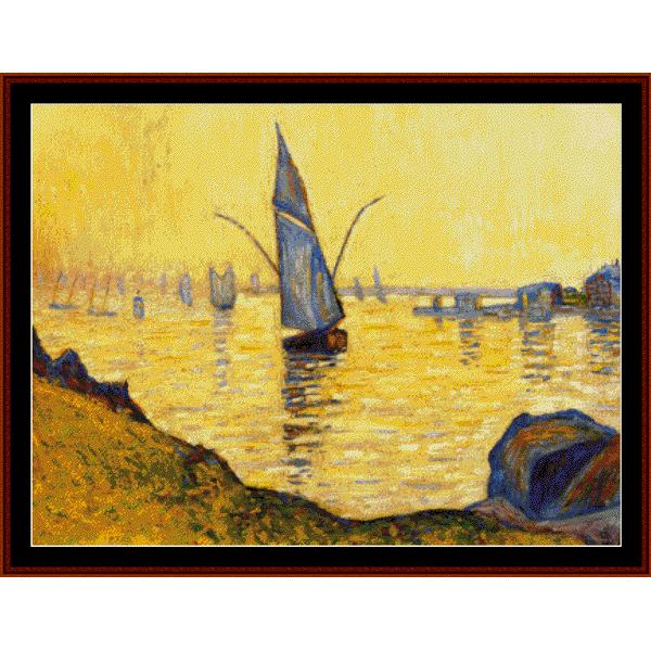 Counted Cross Stitch Pattern by Cross Stitch Collectibles of a painting depicting a sailboat on a body of water, with a yellow background and a sky visible in the image.