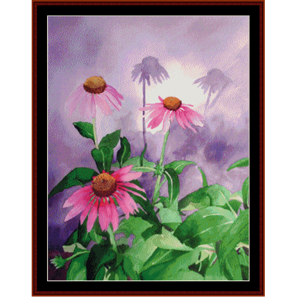 Counted Cross Stitch Pattern by Cross Stitch Collectibles depicting a vase with pink flowers and green leaves against a purple background