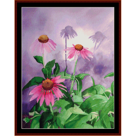 Counted Cross Stitch Pattern by Cross Stitch Collectibles depicting a vase with pink flowers and green leaves against a purple background